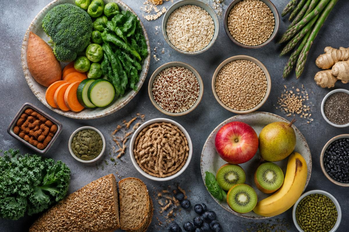 Alimentos ricos em fibras: verduras, frutas e grãos integrais