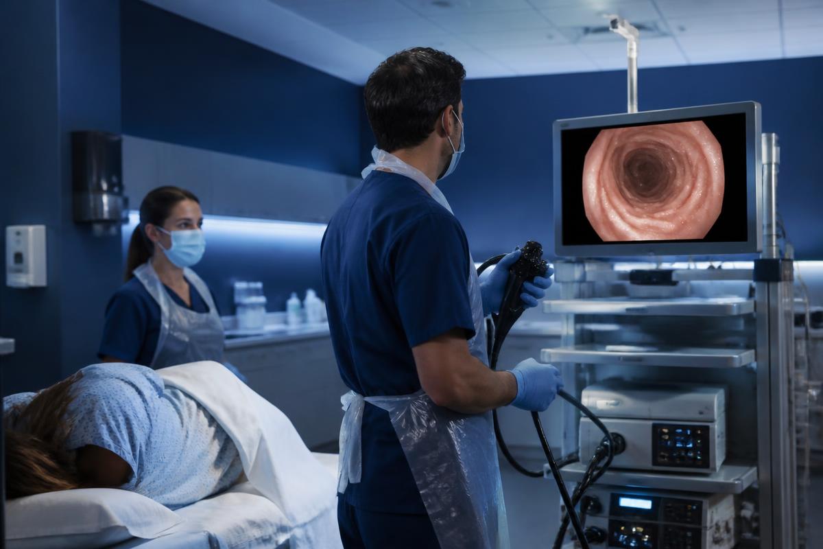 Equipe médica realizando uma colonoscopia em sala de endoscopia