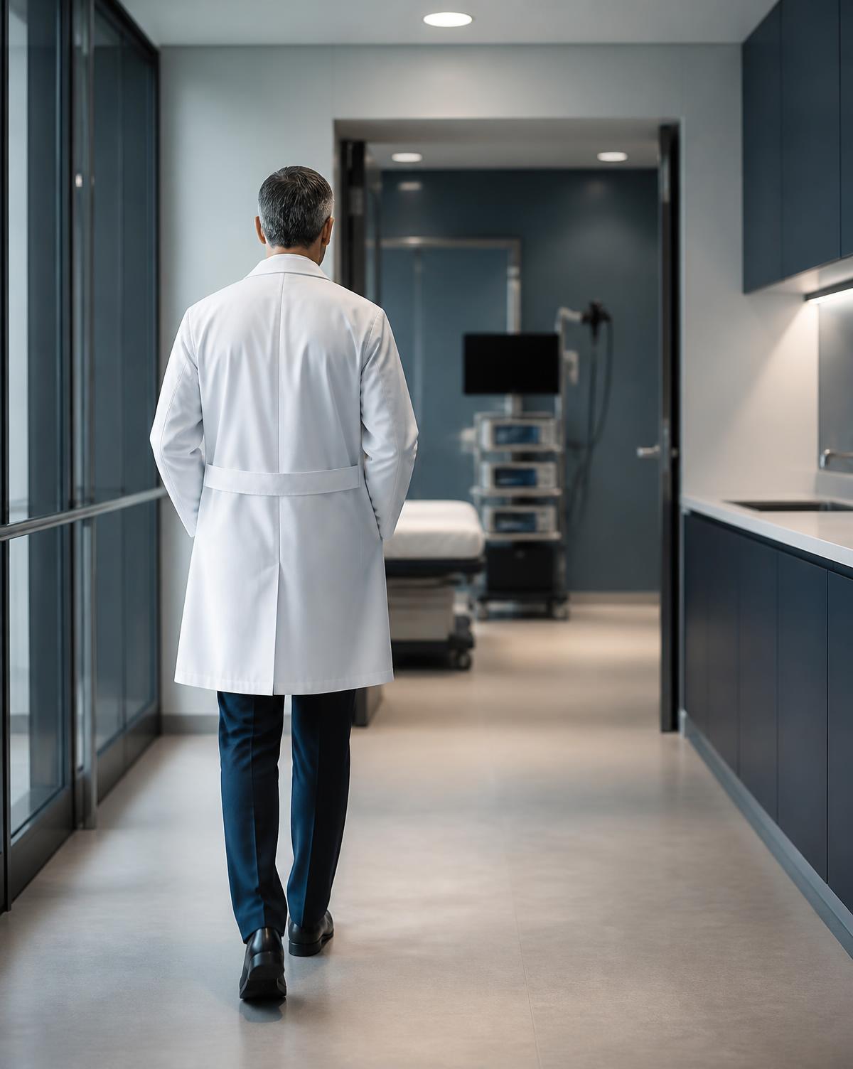 Médico visto de costas caminhando em direção a uma sala de endoscopia